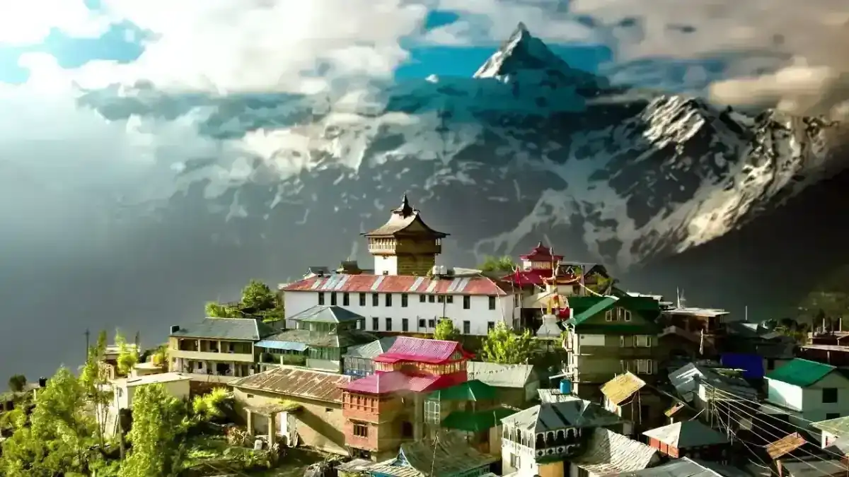 Charming village nestled in the Himalayas with snow-capped mountains