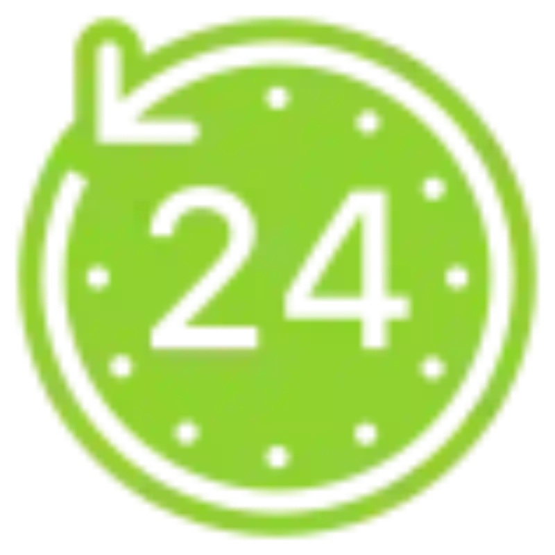 Green 24-hour clock icon with a circular arrow
